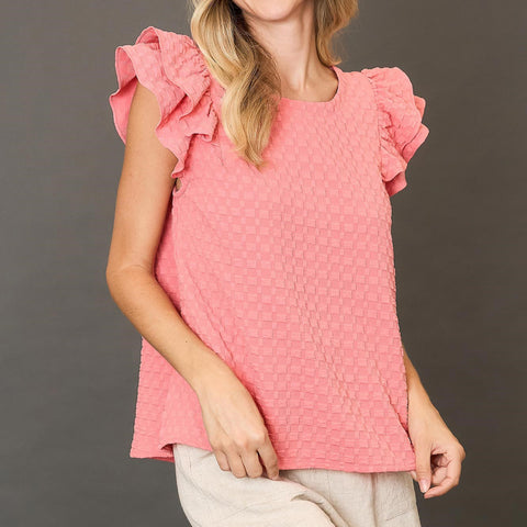 Solid Pink Waffle Textured Short Ruffled Sleeve Shirt