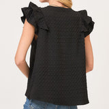 Black Waffle Textured Short Ruffled Sleeve Shirt