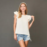 Solid Cream Waffle Textured Short Ruffled Sleeve Shirt