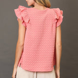 Solid Pink Waffle Textured Short Ruffled Sleeve Shirt