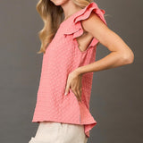 Solid Pink Waffle Textured Short Ruffled Sleeve Shirt