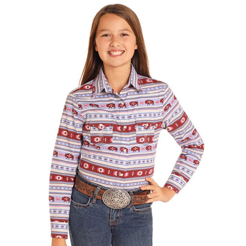 Multi Purple Aztec Buffalo Print Long Sleeve Snap Shirt with Two Pockets