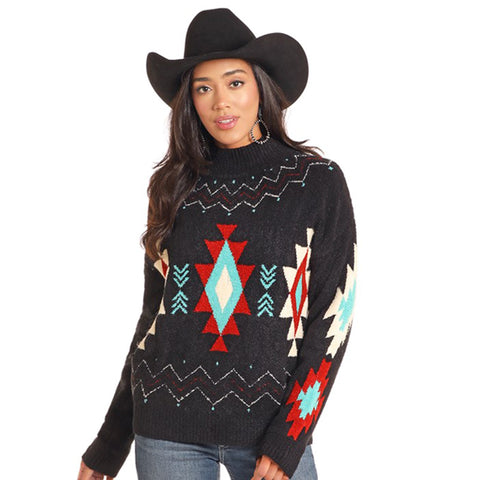 Black Southwest Graphic Mock Turtleneck Sweater