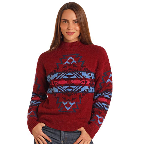 Dark Red Sweater with a Blue and Red Southwest Design