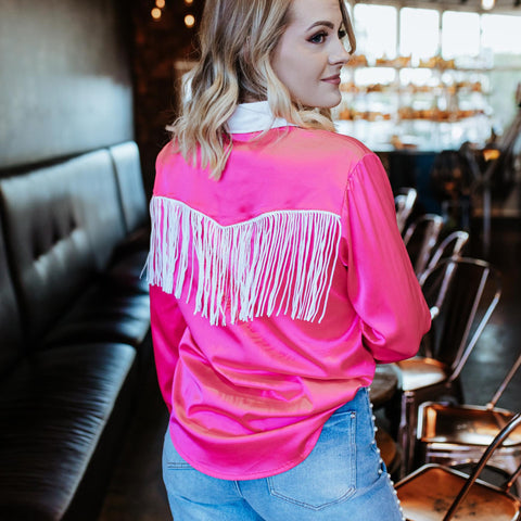 Hot Pink Western Long Sleeve Shirt/ White Fringe On The Back