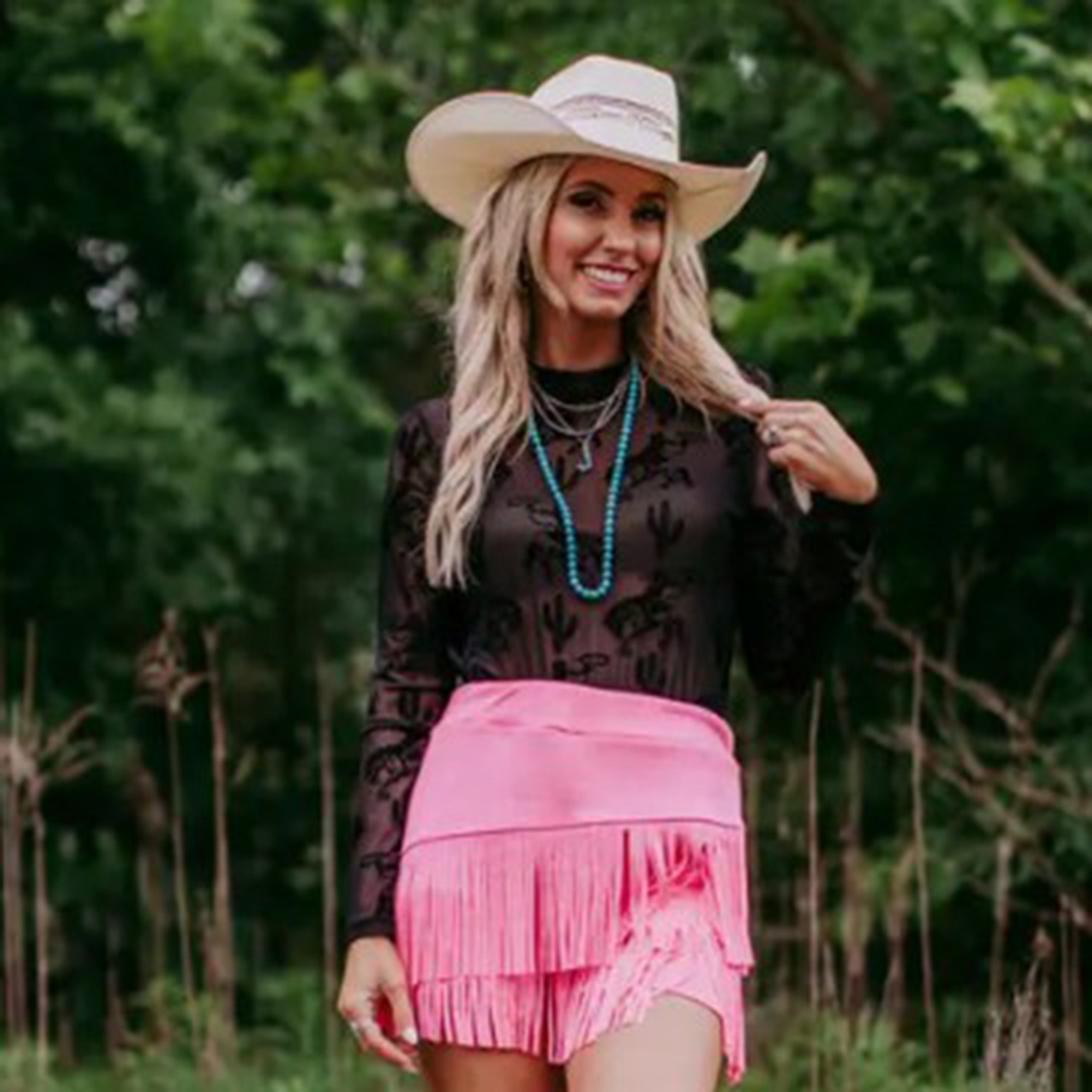 Black Bronc and Cactus Mesh Long Sleeve Top