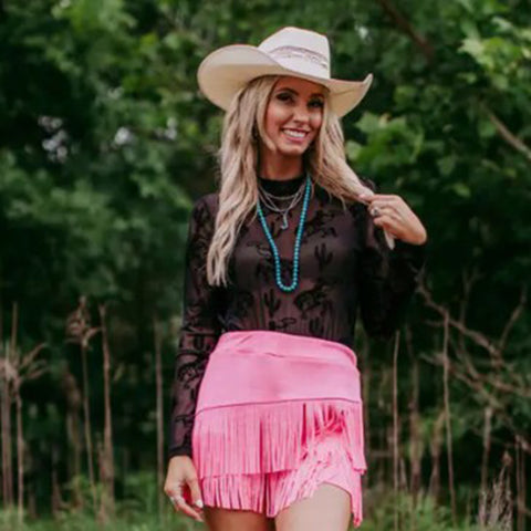 Black Mesh Top with Broncs and Cactus Design