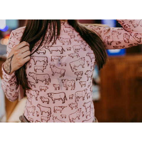 Pink Cattle Scene Long Sleeve Mesh Top