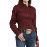 Burgundy Geometric Print Button-Down Long Sleeve Western Shirt