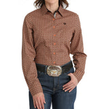 Cinch Women's Coral Geometric Print with Brown Contrast Trim Shirt