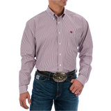 Burgundy and White Striped Long Sleeve Button-Down Shirt Single Chest Pocket