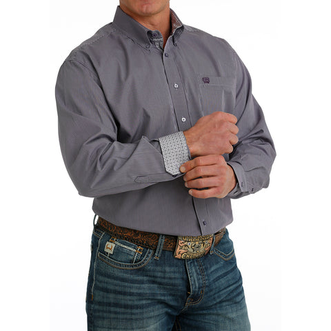 Men's purple microstripe Long Sleeve is made of high-quality cotton and features a geometric contrast trim, embroidered logo, and stylish lavender buttons by Cinch