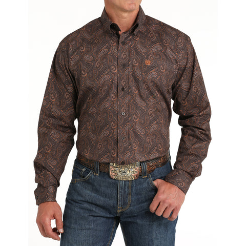 Brown and Orange Paisley Print Long Sleeve Button Up Shirt