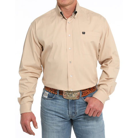 Gold Micro Striped Button-Down Long Sleeve Shirt with Contrasting Cuff and Single Pocket