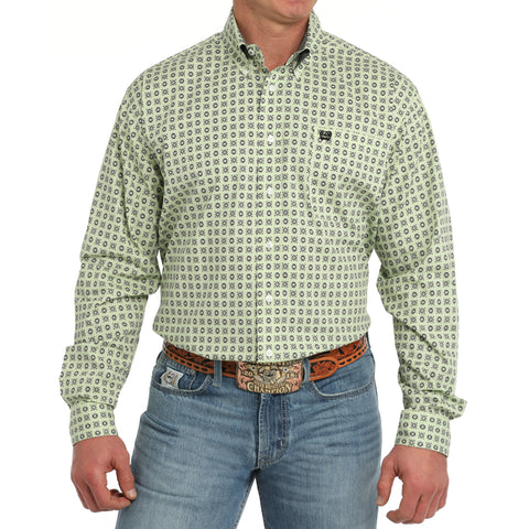 Lime Medalion Print Button-Down Long Sleeve Shirt with Single Pocket 