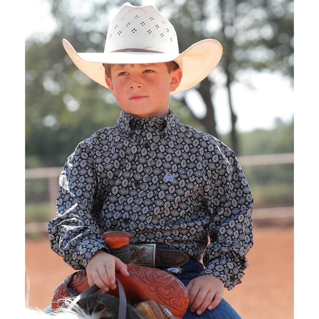 Cinch Boy's Black Geo Print Long Sleeve