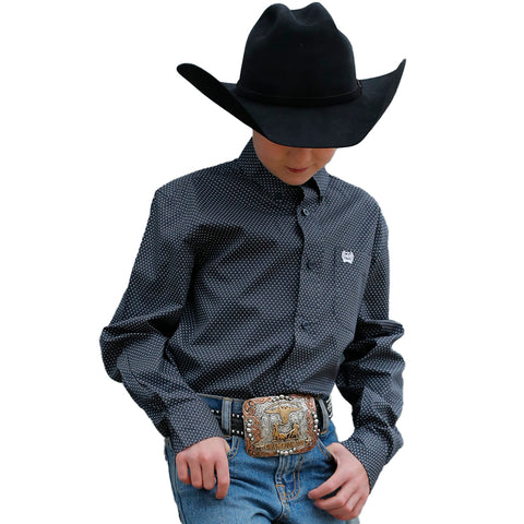 Boy's Navy Micro Dot Print Long Sleeve Button Down from Cinch