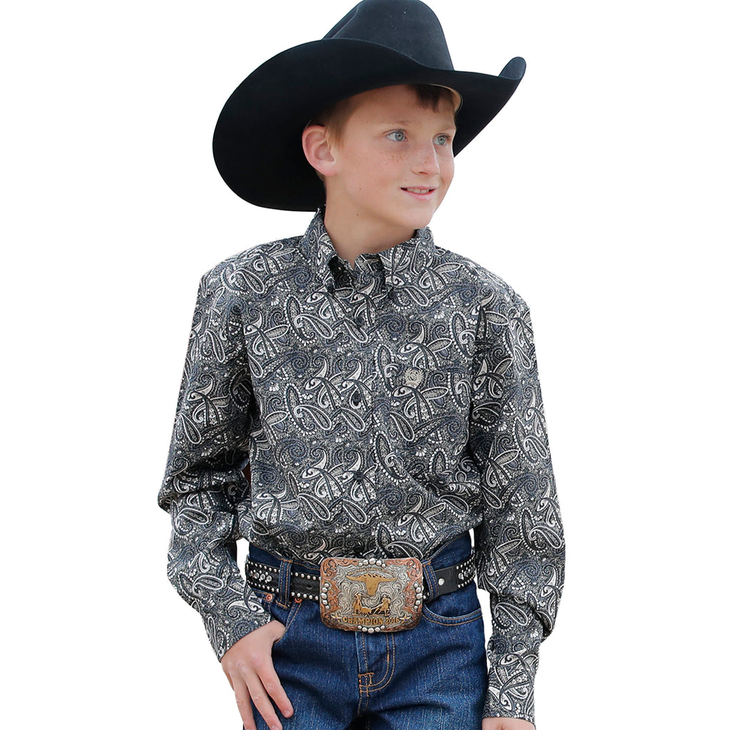 Boy's Black Paisley Print Long Sleeve Button Down from Cinch