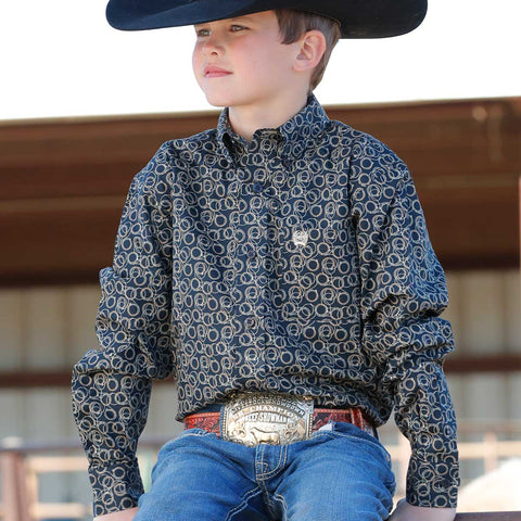 Navy Rope Print Long Sleeve Button-up Shirt