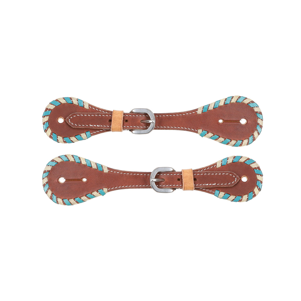 Argentina Cow Leather Spur Strap with White and Teal Rawhide