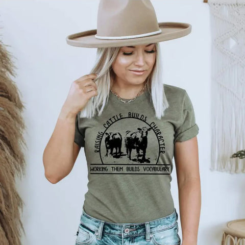 Olive T-shirt with Cattle Graphic