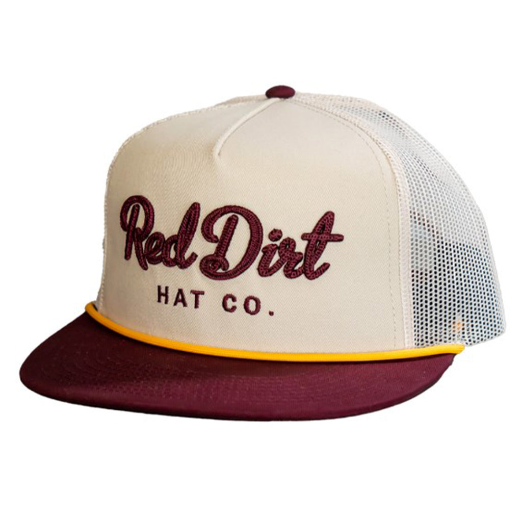 Maroon/ Khaki 5 panel style snapback cap featuring the “Cowboy Roy” direct stitch design