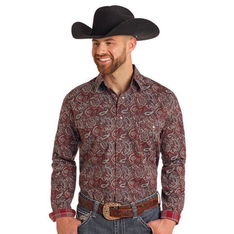 Maroon and Grey Paisley Long Sleeve Snap Closure Shirt with Two Chest Pockets