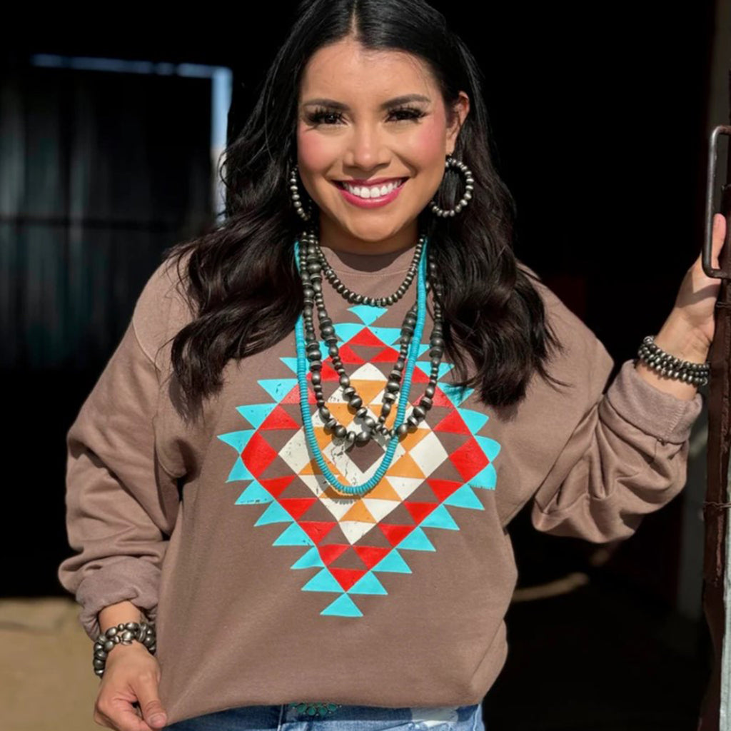 Latte Sweatshirt with Turquoise, Red and Brown Aztec Pattern.