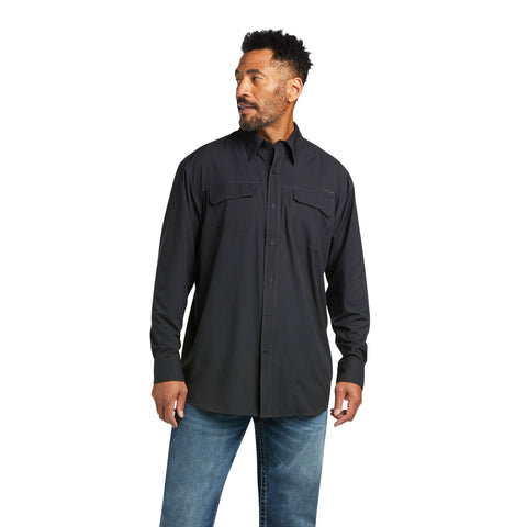 Solid Black Long Sleeve Button-Down Shirt with Two Pockets