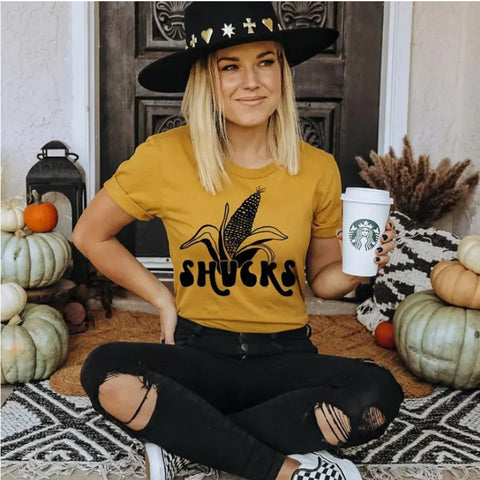 Yellow T-shirt with an Ear of Corn and Shucks in Black Print 