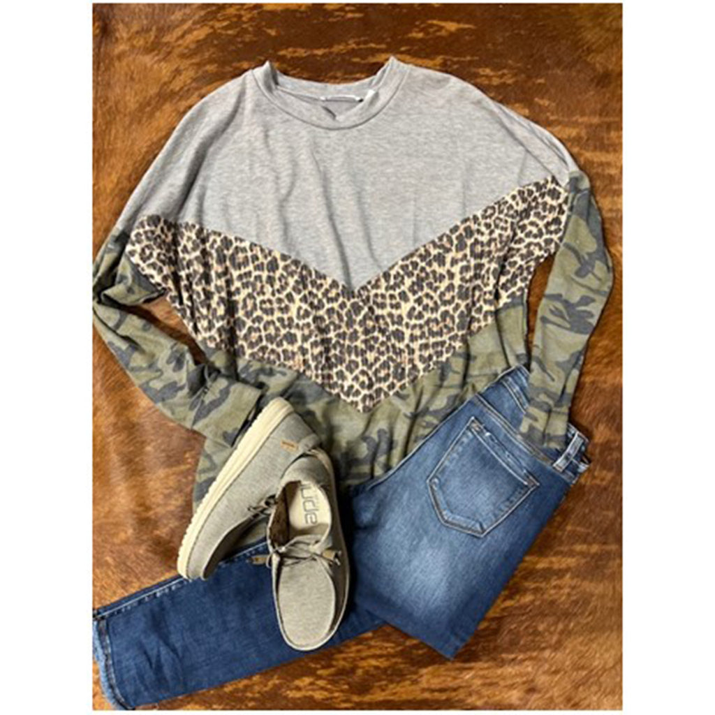 Grey, Cheetah, and Camo Long Sleeve Shirt