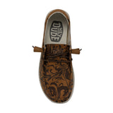 A brown, floral pattern-featuring shoe by HEYDUDE pictured from a top angle. 