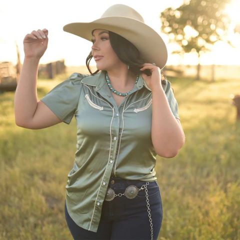 Sage Green Satin Pearl snap short puff sleeve blouse with arrow details 