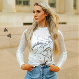 White Sequin top with Bronc rider in the front , comes with white crop undershirt 