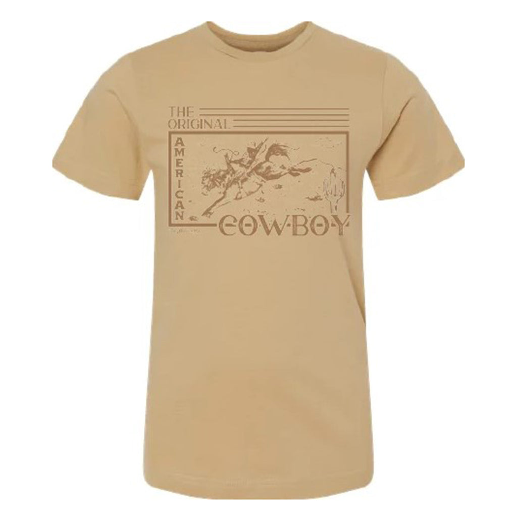 Latte T-shirt with a Bronc Rider Saying The Original American Cowboy