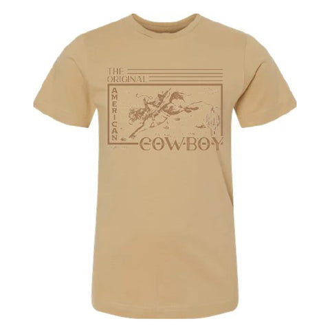 Latte T-shirt with a Bronc Rider Saying The Original American Cowboy