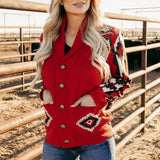 Red/Black and White Aztec Button-Up Sweater with a Collar and Two Pockets