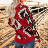 Women's Red/Black and White Aztec Button Sweater