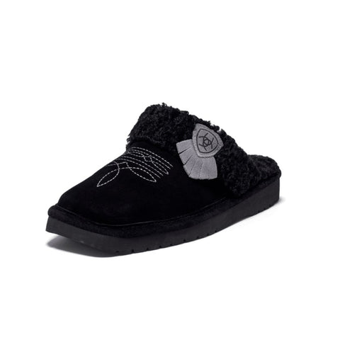 Black Suede Square Toe Slippers with Rubber Bottom