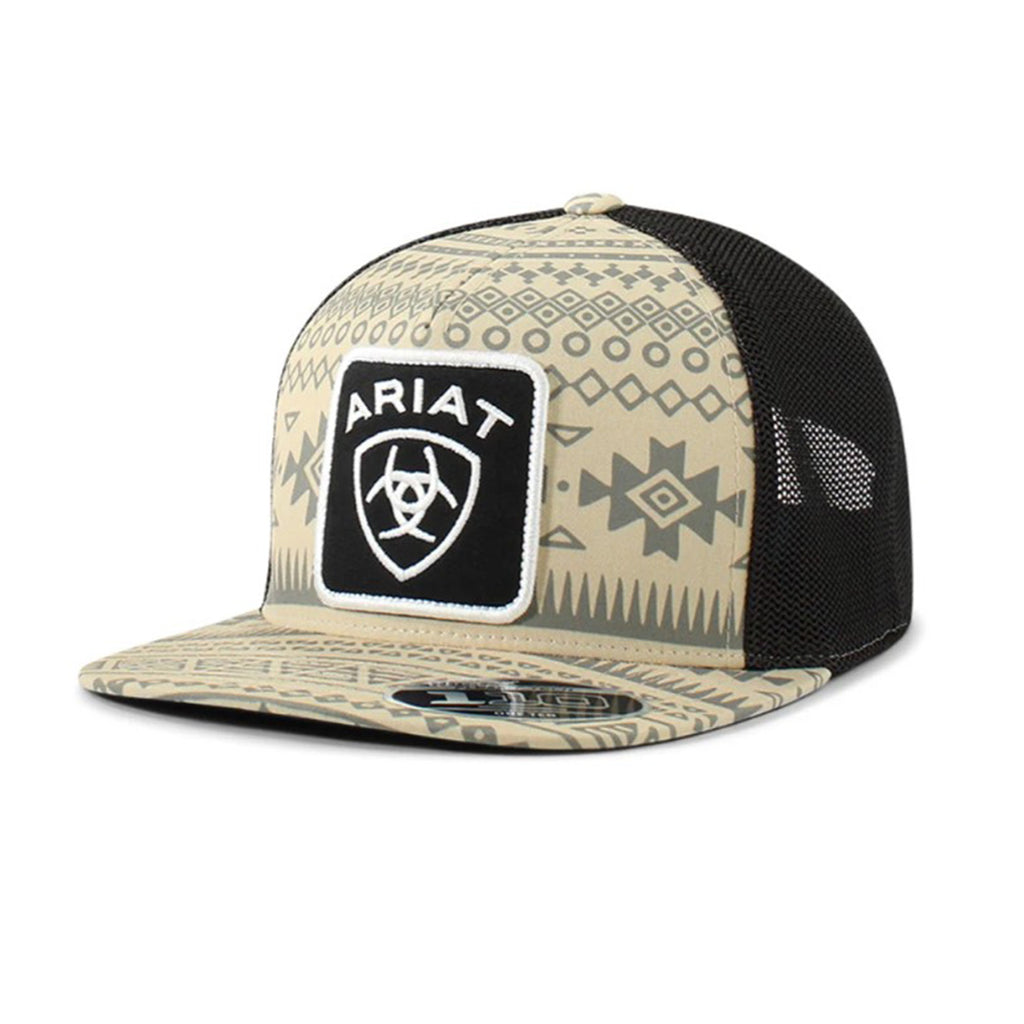 Black patch cap with white embroidered Ariat name and logo over a tan Aztec Patterned fabric.