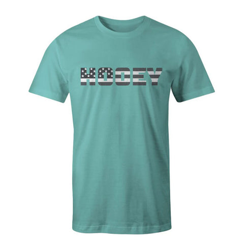 Turquoise T-shirt with a Patriotic Hooey Logo Across the Chest