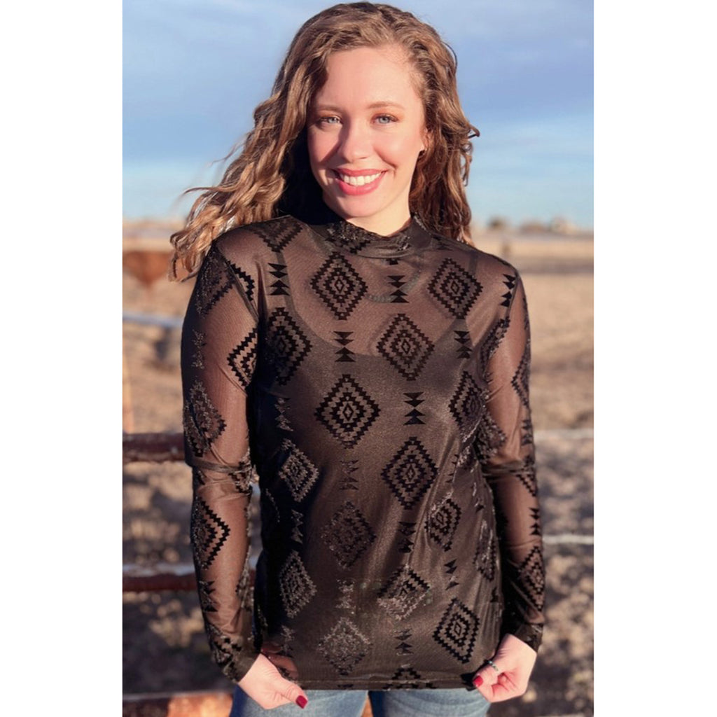 Black Velvet Mesh Long Sleeve with an Aztec Design