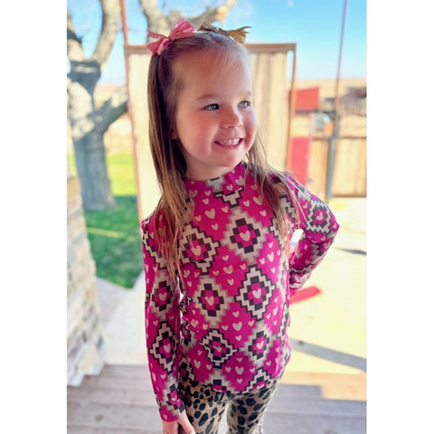 Girl's Pink Mesh Long Sleeve with an Aztec and Hearts design