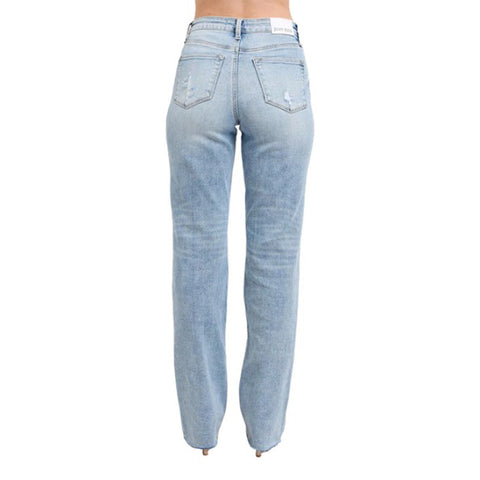 Medium Rise Light Wash Women's Dad Jeans with Distressed Pockets