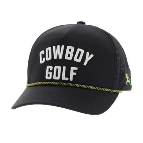 Black 5 Panel Cap with Cowboy Golf in White Stitching