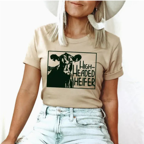 Tan T-shirt with a Heifer Graphic