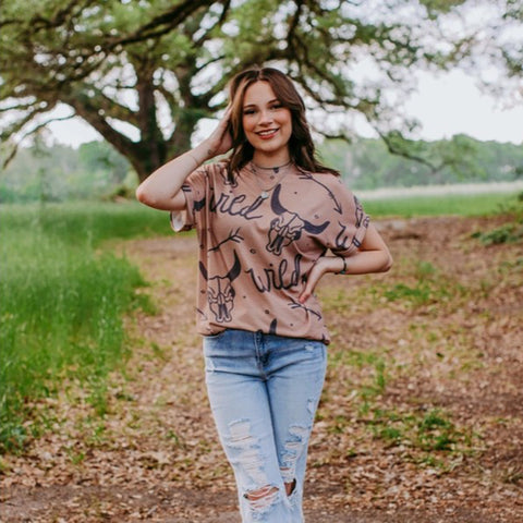 Brown Over Sized T-shirt with Steer Skulls/Arrows and Wild Print