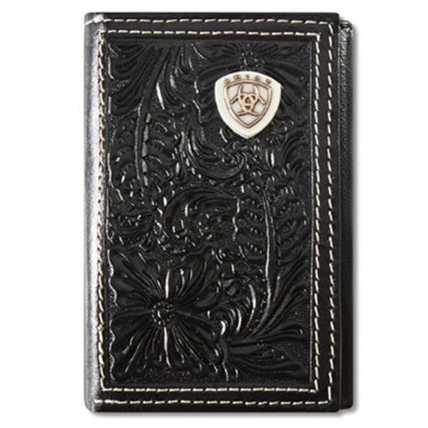 black floral tooled wallet with silver and gold ariat logo.