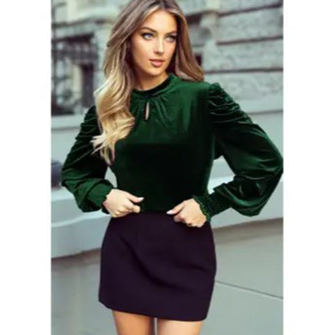 Green Mock Neck Puff Sleeve Velvet Blouse