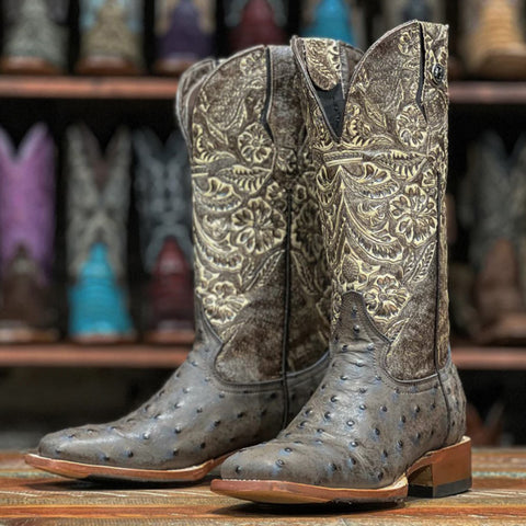 Women's Brown Ostrich Floral Tooled Shaft Square Toe Boots